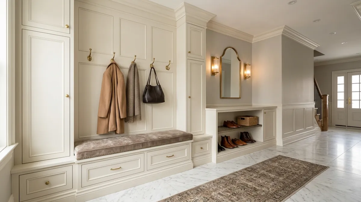 Luxury mudroom with marble flooring, upholstered bench, brass hooks, and paneling.